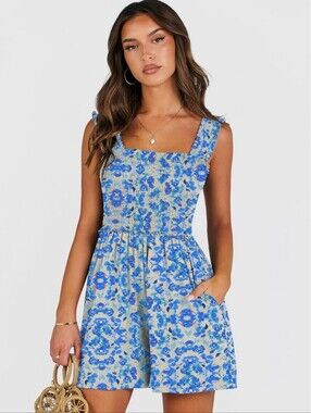 Caracilia Rompers Square Neck Smocked Ruched Floral Jumper NEW S